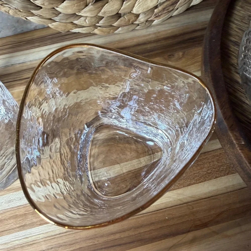 Vintage Hammered Gold Rim Triangular Whiskey Glasses Set of 2 Rocks Glass Clear